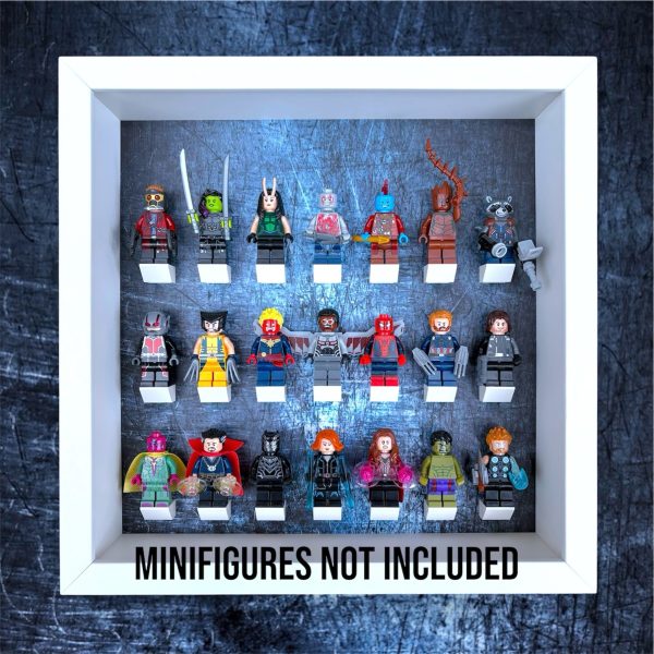 FRAMEPUNK Scratched Steel LEGO minifigure display with white brick mounts. Compatible with 21 LEGO minifigures. White case. Showing assorted LEGO superhero minifigures