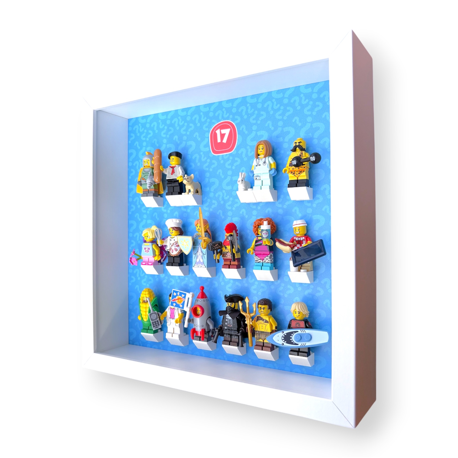 FRAMEPUNK LEGO Minifigures Series 17 Display with minifigures lineup, side view, White Frame