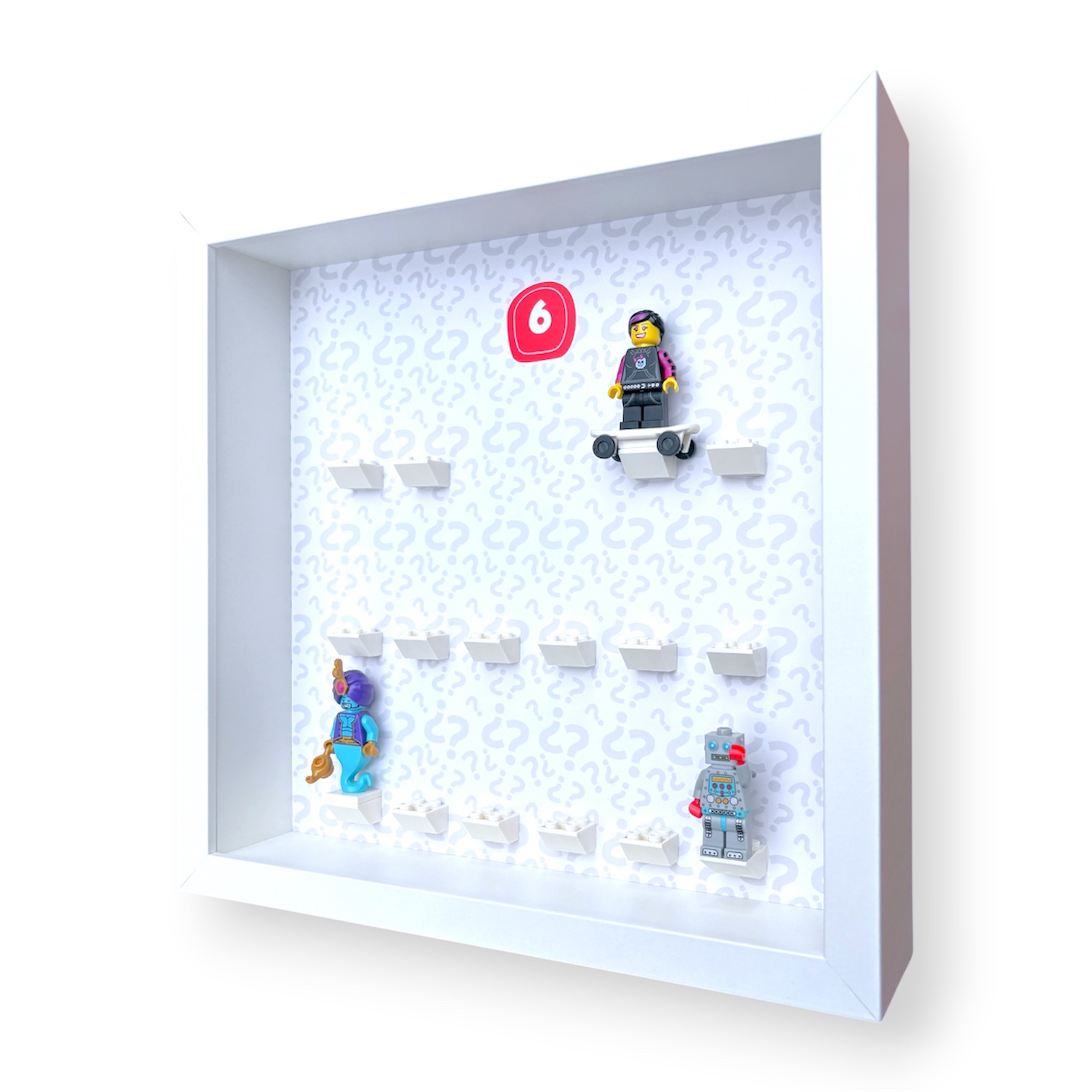 FRAMEPUNK LEGO Minifigures Series 6 Display with minifigures lineup, side view, White Frame