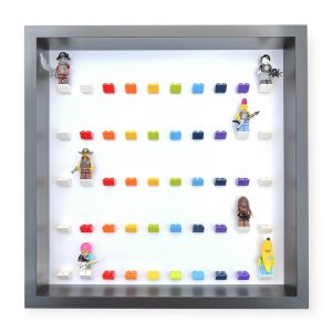 LEGO minifigure display frame case for 50 minifigures, black frame and rainbow bricks, showing minifigures