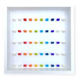 LEGO minifigure display frame case for 50 minifigures, white frame and rainbow bricks