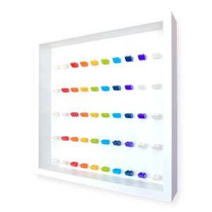 LEGO minifigure display frame case for 50 minifigures, white frame and rainbow bricks, side view