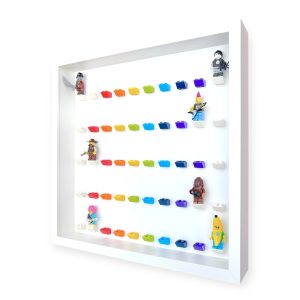 LEGO minifigure display frame case for 50 minifigures, white frame and rainbow bricks, side view with minifigures