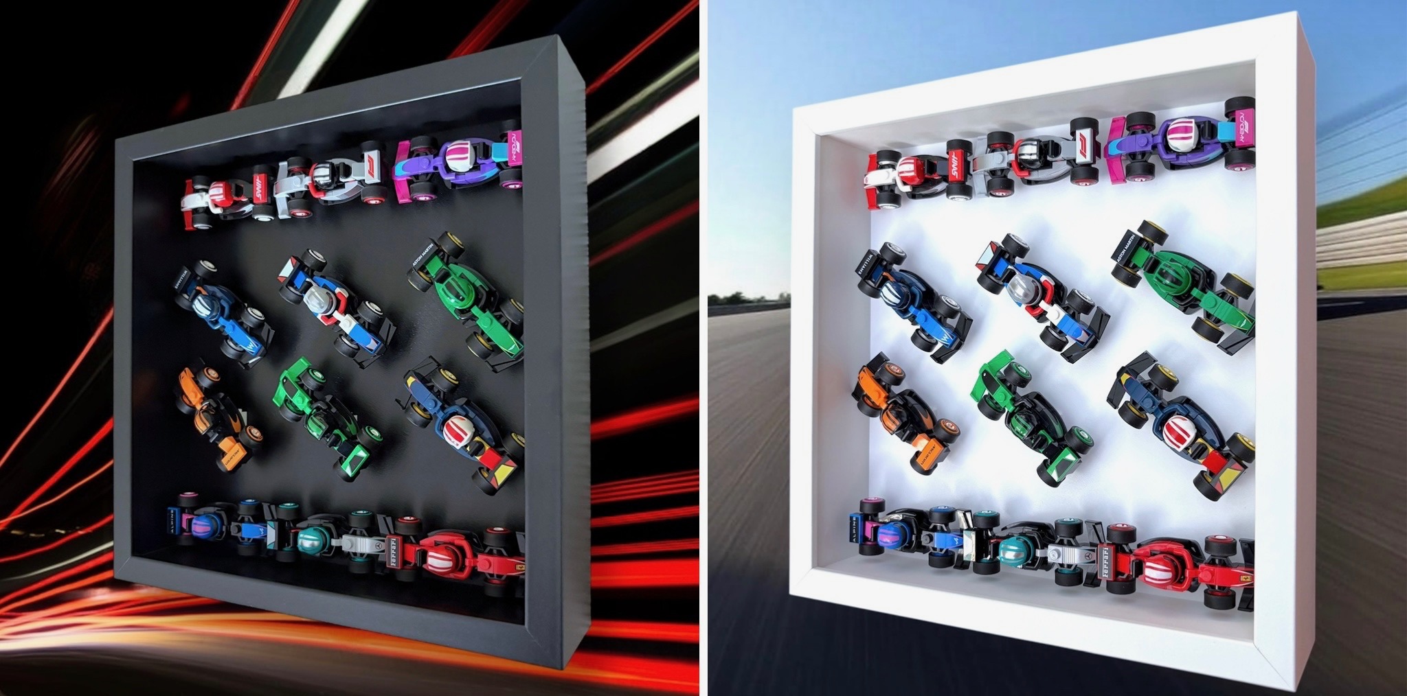 LEGO F1 racing cars displays in black or white