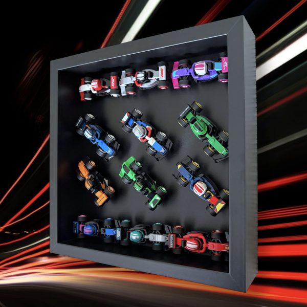 LEGO F1 Collectible Race Cars 71049 Display Case by FRAMEPUNK, showing models in place, side view, Black Frame