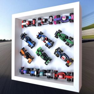 LEGO F1 Collectible Race Cars 71049 Display Case by FRAMEPUNK, showing models in place, side view, White Frame