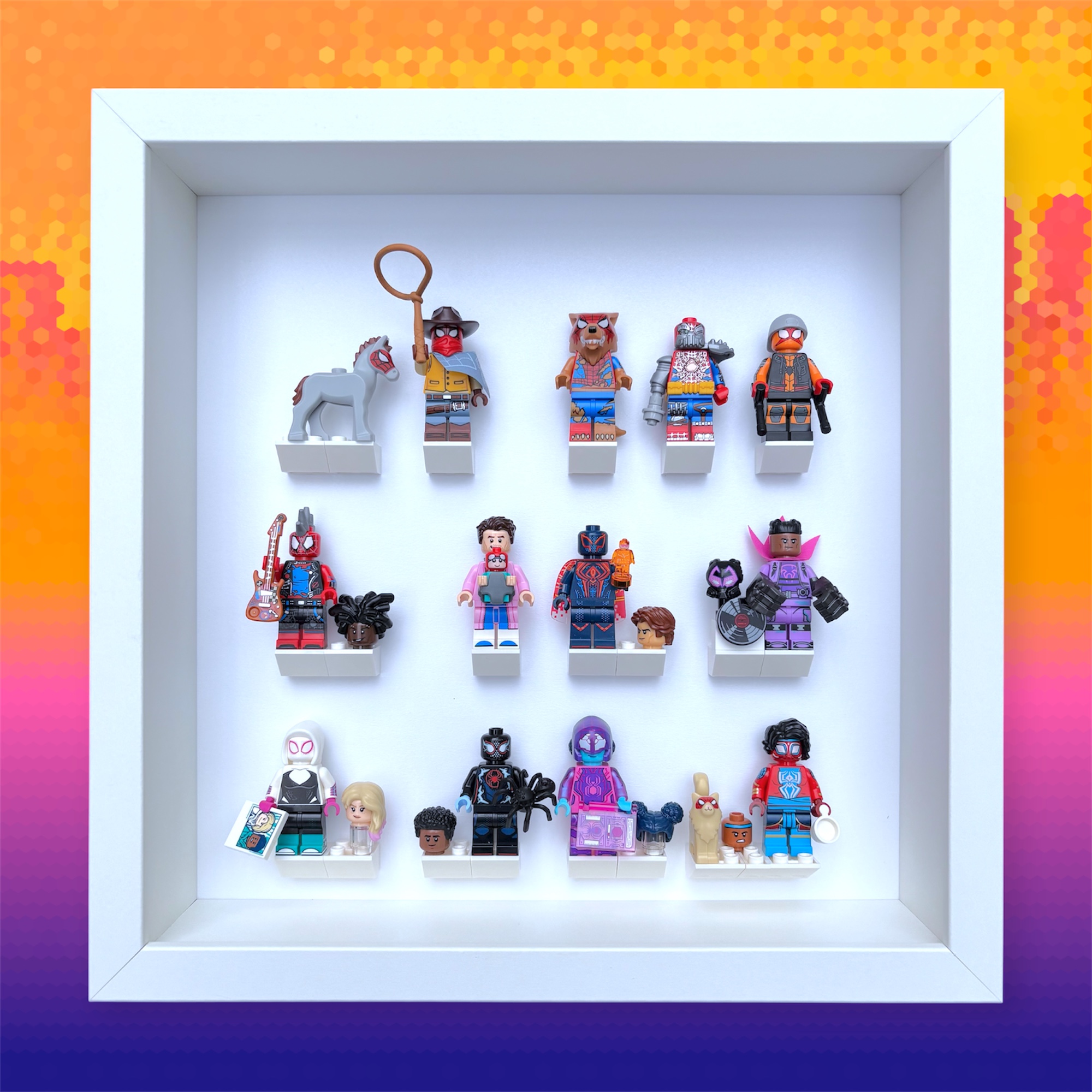 FRAME PUNK LEGO Spider-Man Across the Spider-Verse 71050 Minifigures Series Display, All White with minifigures, Front Facing