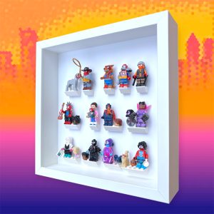 FRAME PUNK LEGO Spider-Man Across the Spider-Verse 71050 Minifigures Series Display, All White with minifigures, side view