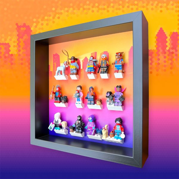 FRAME PUNK LEGO Spider-Man Across the Spider-Verse 71050 Minifigures Series Display, Black Frame with minifigures, side view