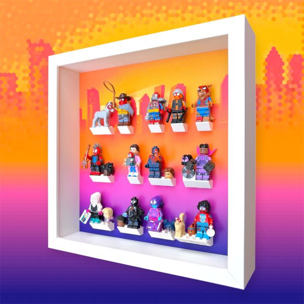 FRAME PUNK LEGO Spider-Man Across the Spider-Verse 71050 Minifigures Series Display, White Frame with minifigures, side view