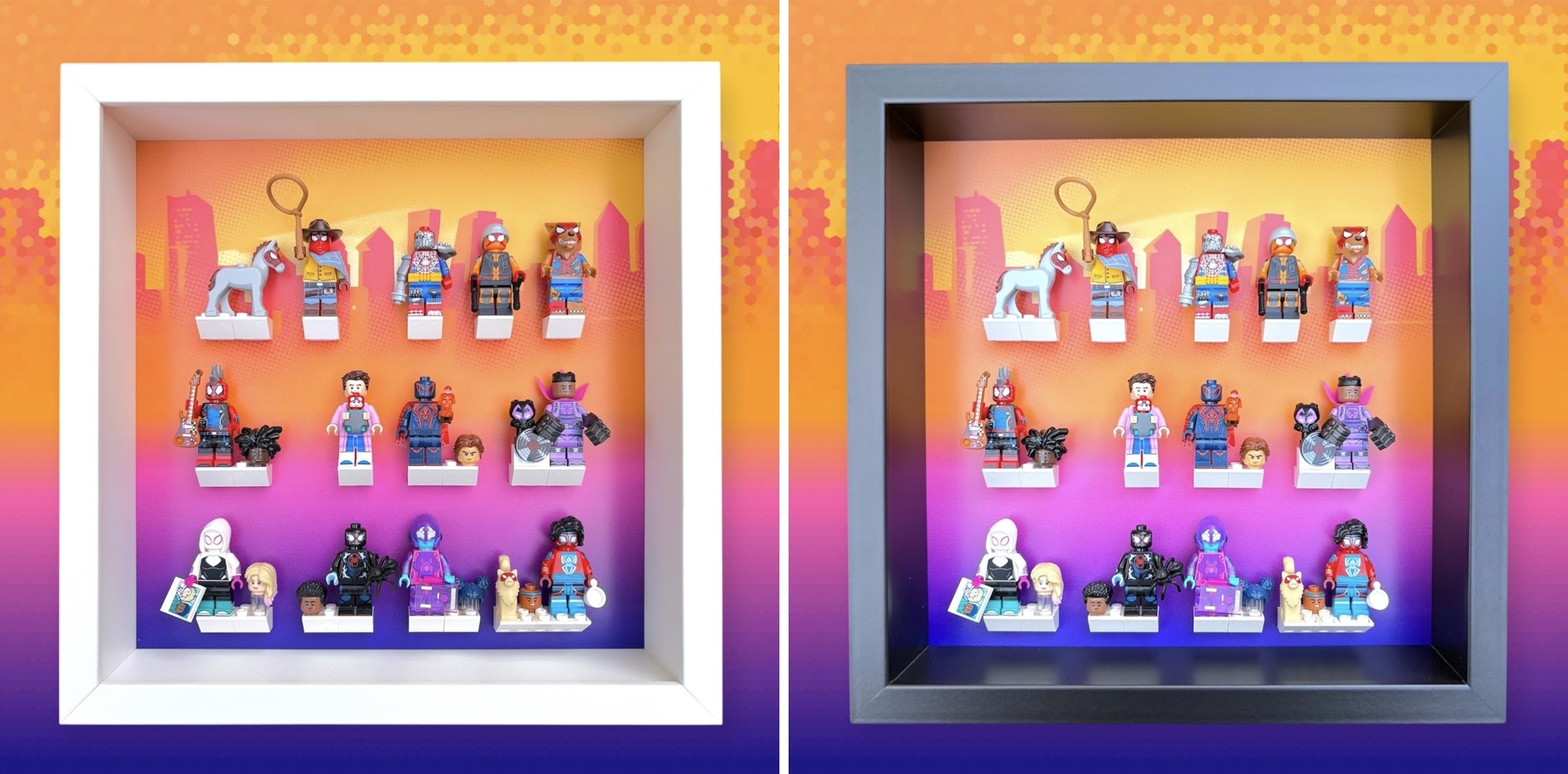 FRAMEPUNK Lego Spider-Man Across the Spider-Verse Minifigures Series (71050) Display Black and White Frames with minifigures