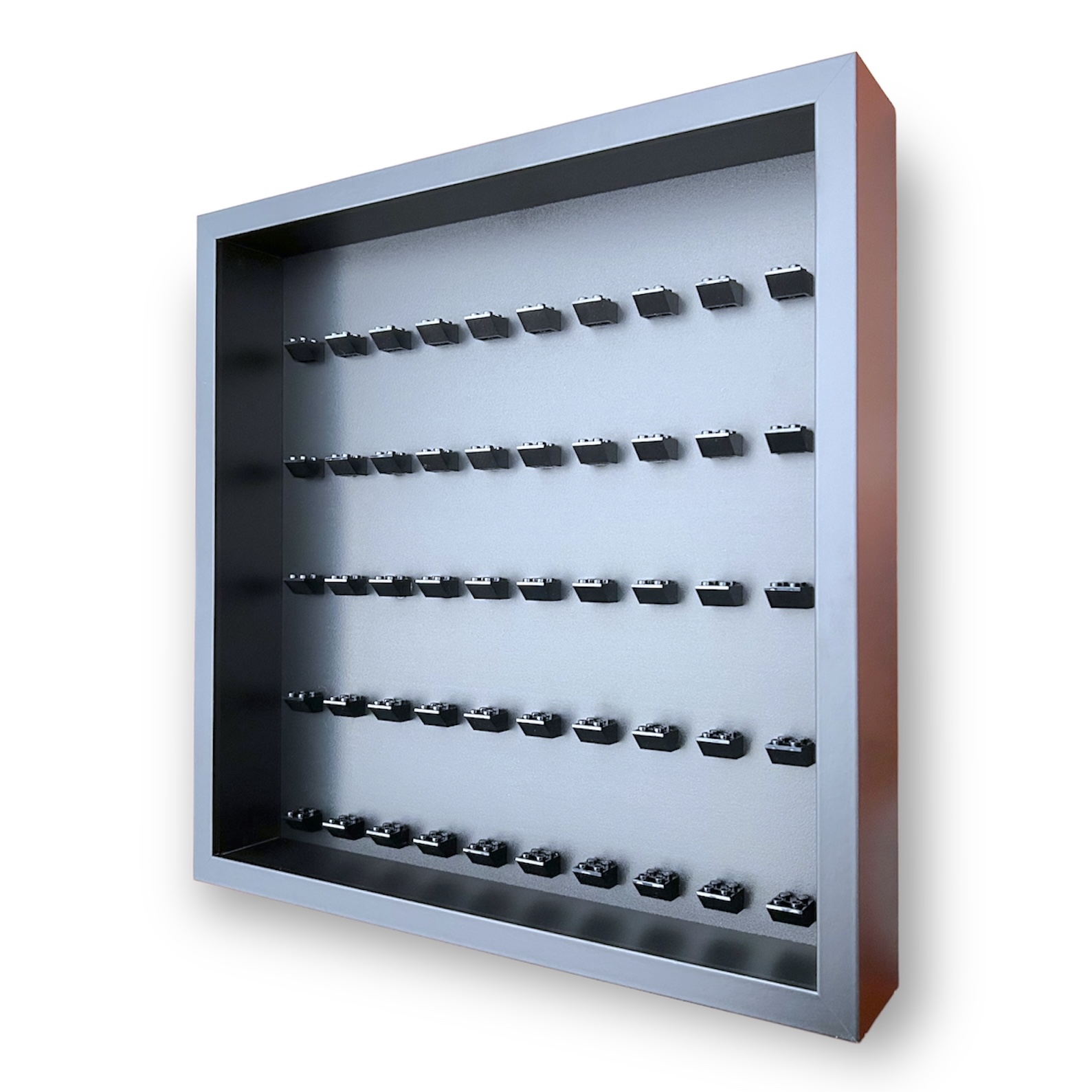 FRAMEPUNK black background and black mounts display frame compatible with 50 Lego minifigures (black) Side view