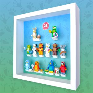 FRAMEPUNK LEGO Minifigures Series 28 Display with minifigures lineup, side view, White Frame