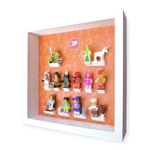 FRAMEPUNK LEGO Minifigures Series 28 Display with minifigures lineup, side view, White Frame