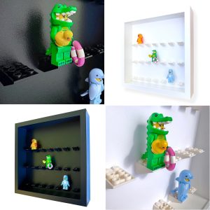 FRAMEPUNK white and black backgrounds with 2x3 mounts display frame compatible with Lego minifigures, showing minifigures (collage)