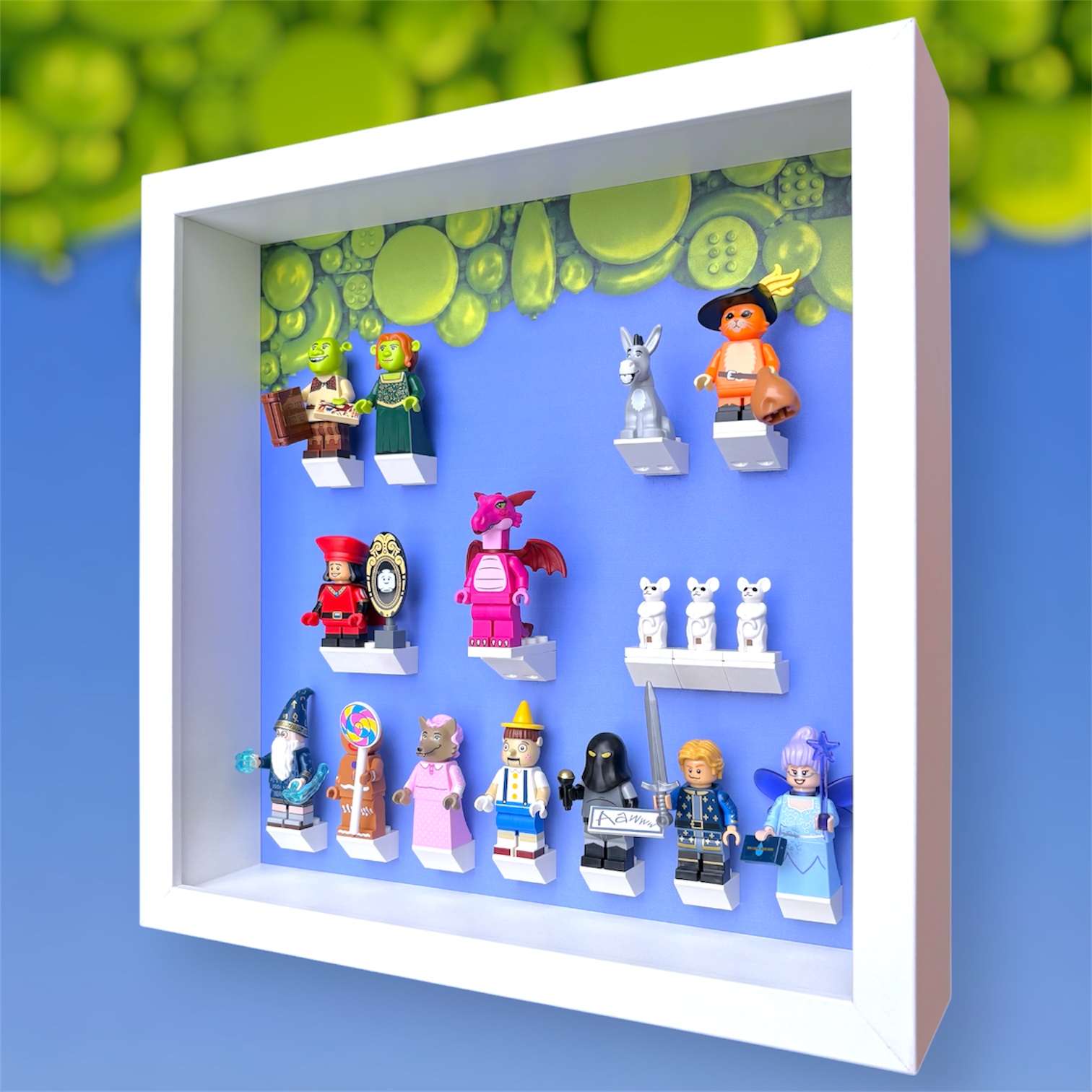 FRAMEPUNK Lego Shrek Minifigures Series (71053) Display White Frame with minifigures side view
