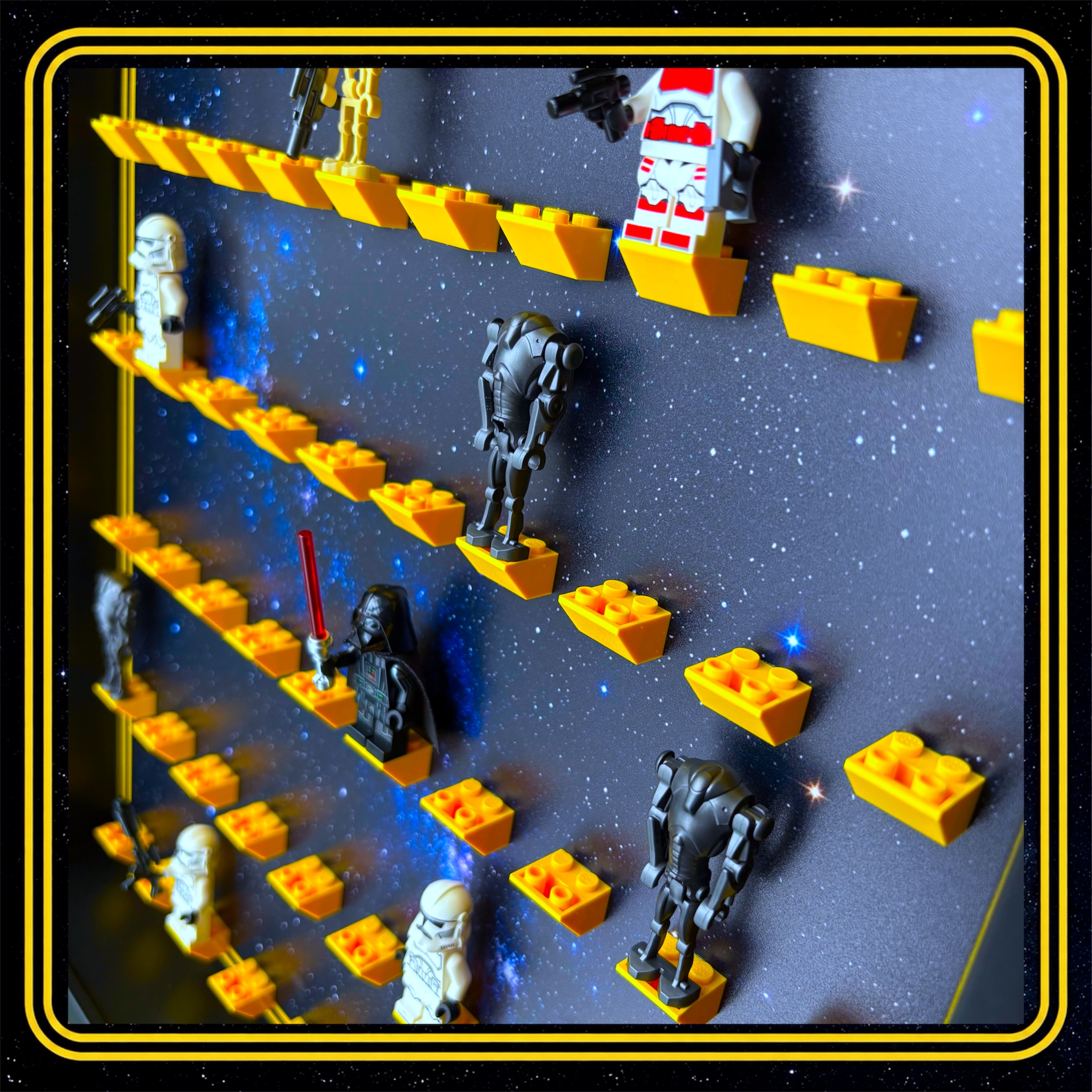 FRAMEPUNK 50 LEGO Star Wars Themed Minifigures Display Frame (Black) Close up view - showing minifigures