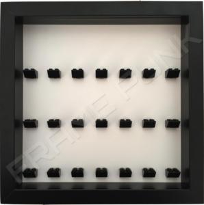 Frame Punk 7x7x7 formation minifigure display frame - white background with black bricks and black frame